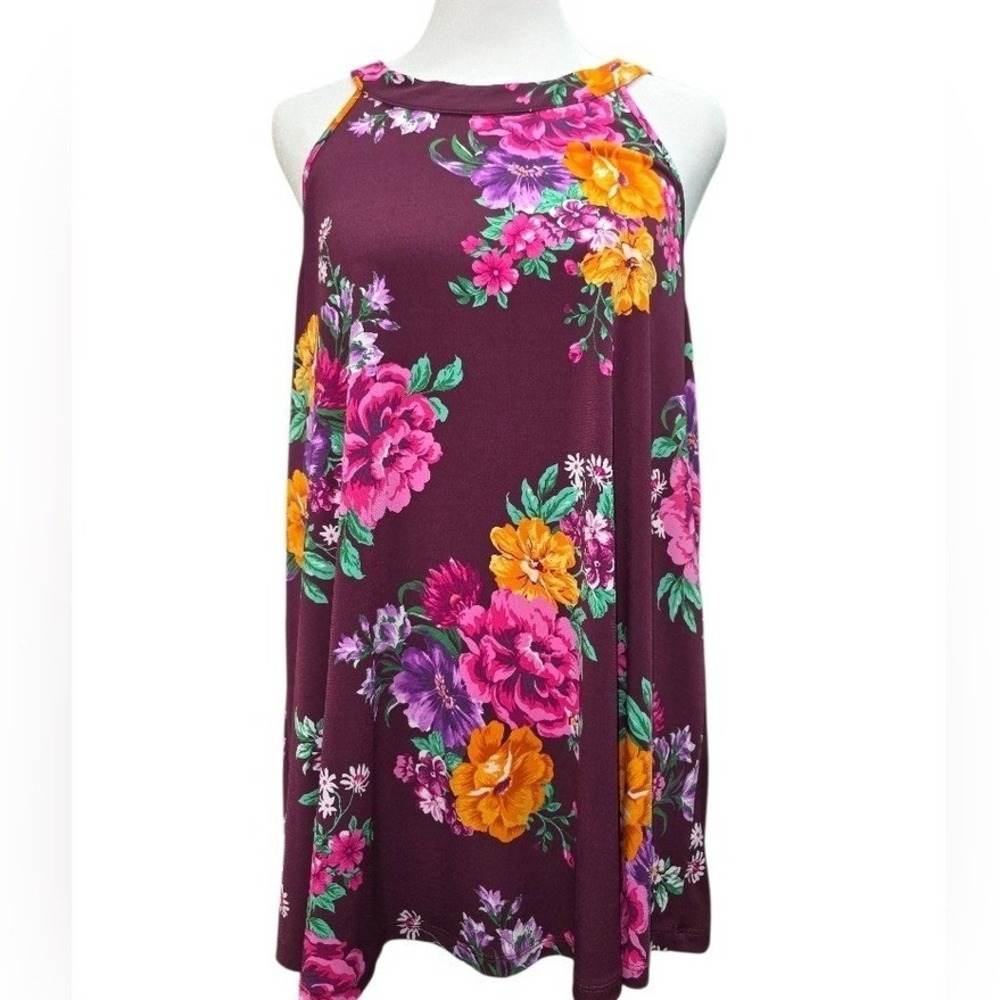 Torrid Floral Halter Tunic Top Size 00‎ Keyhole Back Burgundy Purple Swing Tank